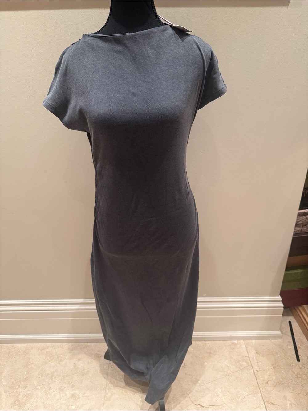 Classic Short-Sleeve Maxi Dress in Charcoal Gray
